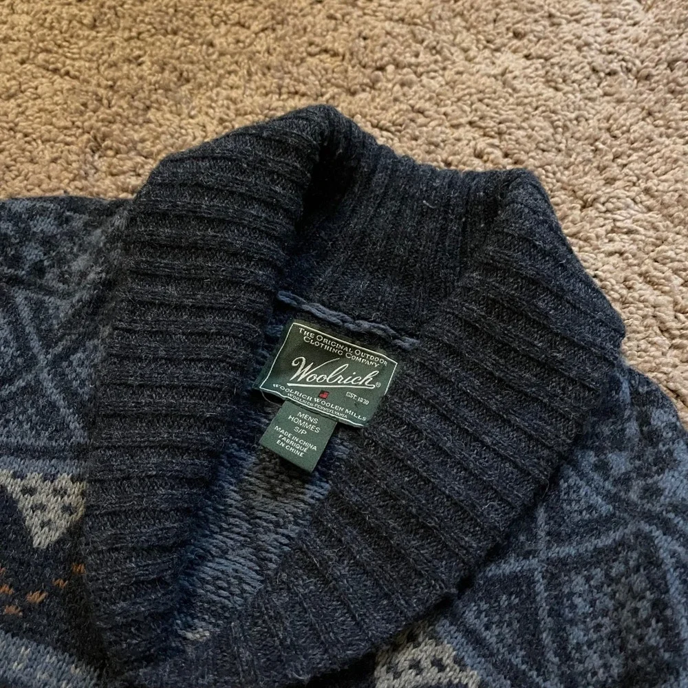 Woolrich Mens Fair Isle Shawl Collar Cardigan Wool Blend Sweater Grey Blue S